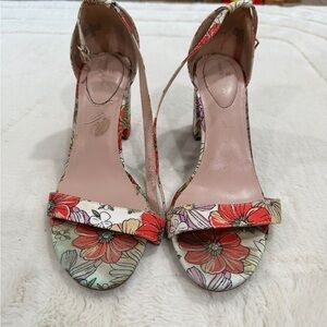 Bandolino Floral Open-Toe Block Heels in Red, Pink, Cream
